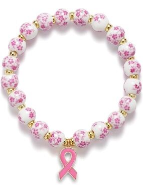 Anthropologie Pink Floral Bead Bracelet with Pink Ribbon Charm